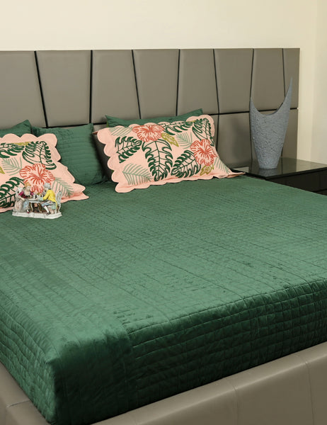 Green Imported Velvet Bedcover Quited With 2 pillow Cover Material Velvet
